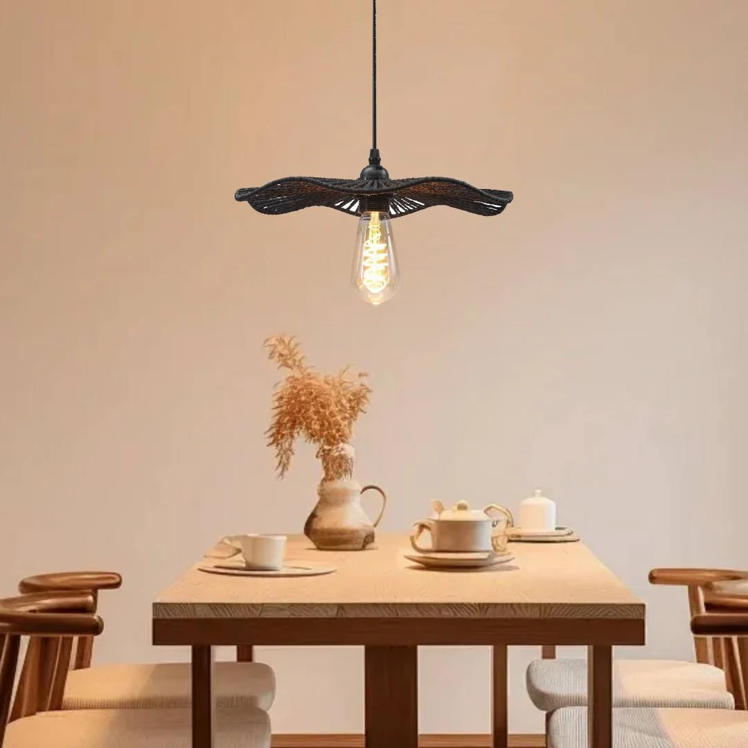 مصباح معلق من خيزران أسود بمقبس E27 (لمبة واحدة)، قطر 350 ملم