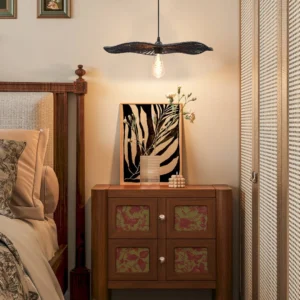 مصباح معلق من خيزران أسود بقاعدة E27 لمبة واحدة، قطر 500 مم