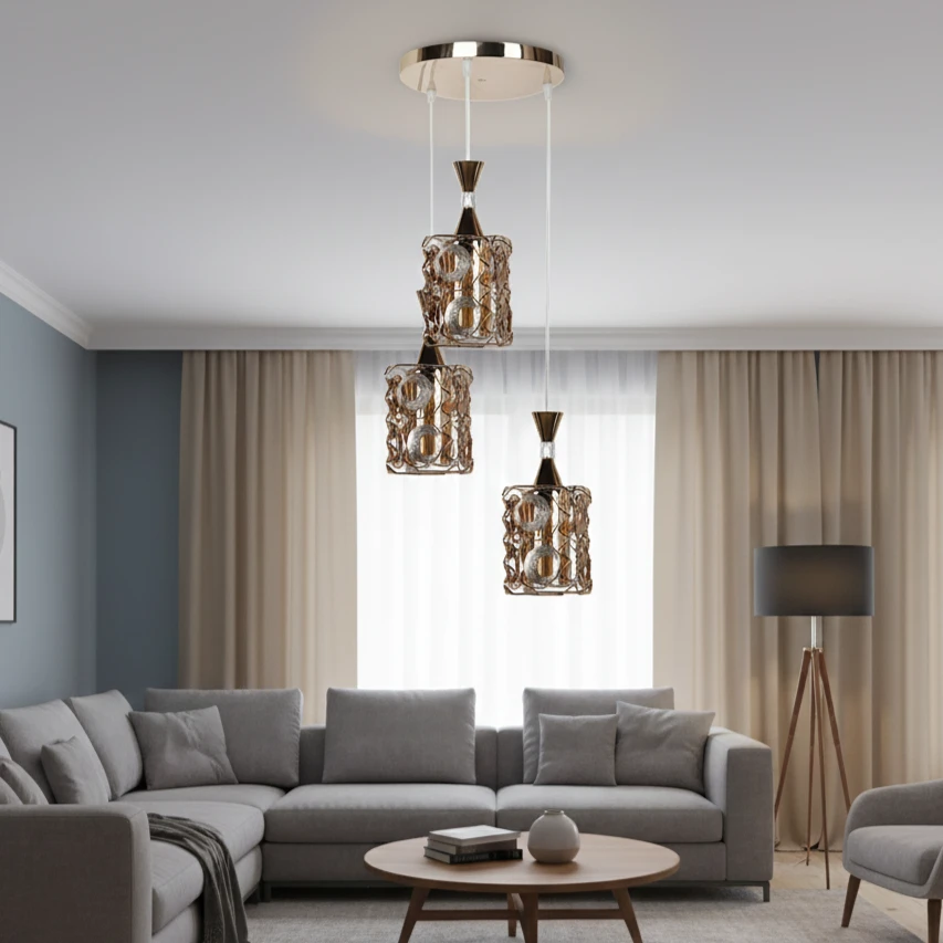 Modern gold pendant lamp for three E27 bulbs