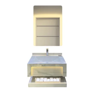 White porcelain washbasin with gray veins and LED mirror — suitable for modern bathrooms, 60 cm wide