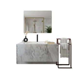 Gray porcelain washbasin with drawers and a three-color LED mirror — ideal for modern bathrooms