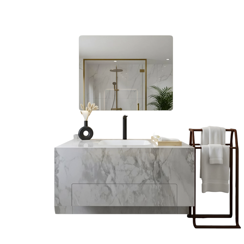 Gray porcelain washbasin with drawers and a three-color LED mirror — ideal for modern bathrooms