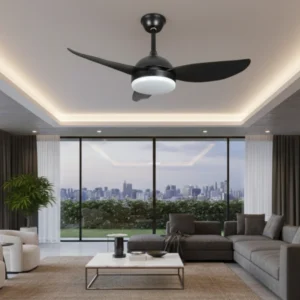 مروحة سقف عصرية سوداء بإضاءة LED ثلاثية الألوان وجهاز تحكم عن بُعد