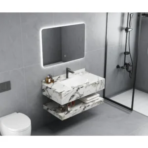 مغسلة حمام من الرخام الصناعي مع مرآة LED — 100 سم، أبيض ورمادي