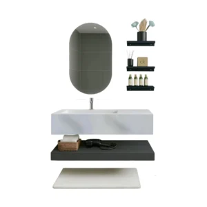 Porcelain bathroom sink set with waterfall basin and LED mirror with shelf — Gray, 100 cm wide | HERO