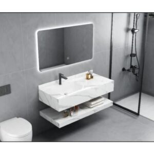 مغسلة رخامية ديكورية مع مرآة بإضاءة LED، حوض مفرد عرض 120 سم — فيراجو، أبيض بعروق رمادية