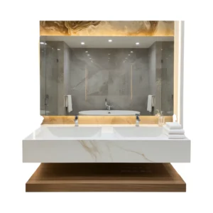 Decorative bathroom sink with artificial marble surface and two porcelain basins with LED mirror — 120 cm wide, off-white color