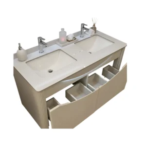 Porcelain washbasin with two basins and LED mirror with storage cabinet — 120 cm wide