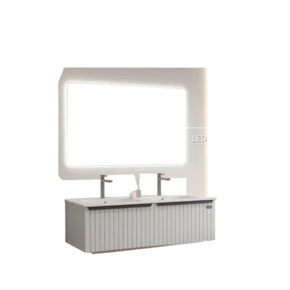 مغسلة حمام خشب البلايوود مع مرآة LED — فيراجو، عرض 120 سم، أبيض