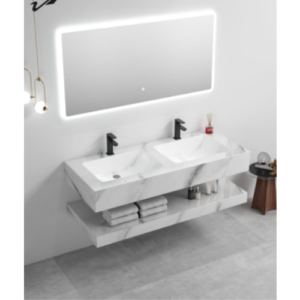 مغسلة حمام من الرخام الصناعي بتصميم حجري، حوضان ومرايا LED مدمجة — 140 سم، أبيض لامع