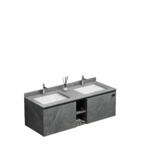 طقم مغاسل حمام مودرن بمغسلتين وسطح رخام صناعي مع مرايا LED — فيراجو 140 سم، رمادي