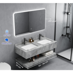 طقم مغاسل حمام مزدوج من الرخام الصناعي مع مرايا LED — فيراجو 140 سم