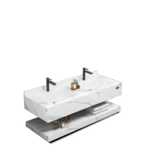 مغسلة حمام من الرخام الصناعي بحوضين ومرايا LED — عرض 140 سم، أبيض لامع