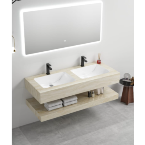 مغسلة رخام صناعي بحوضين مع مرآتان LED — بيج فاتح، 140 سم