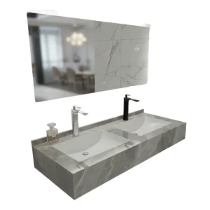 Artificial marble washbasin with two gray porcelain sinks, LED mirror, and shelf (150 cm) — ideal for modern bathrooms