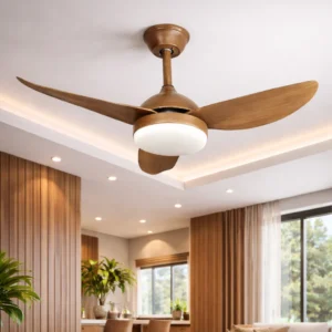 مروحة سقف عصرية بتشطيب خشبي وإضاءة LED بثلاثة ألوان مع ريموت