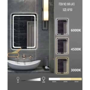 مرآة حمام عصرية بإضاءة LED بثلاثة ألوان — 60 × 80 سم