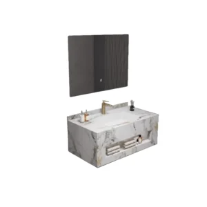 طقم مغسلة بحوض رخام صناعي وخزانة مع مرآة LED — تصميم حجري، عرض 60 سم