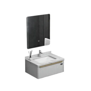 مغسلة حمام من خشب بلايوود مع مرآة بإضاءة LED — فيراغو، عرض 80 سم، أبيض