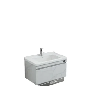 طقم مغسلة حمام بخشب بلايوود ومرآة LED من فيراجو — عرض 80 سم، سطح رخام أبيض