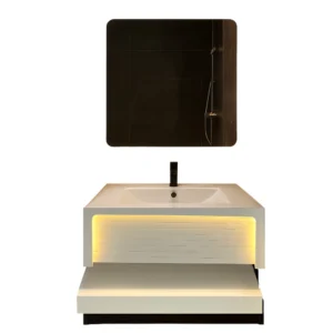 Plain off-white marble sink with LED lighting and 80cm display shelf