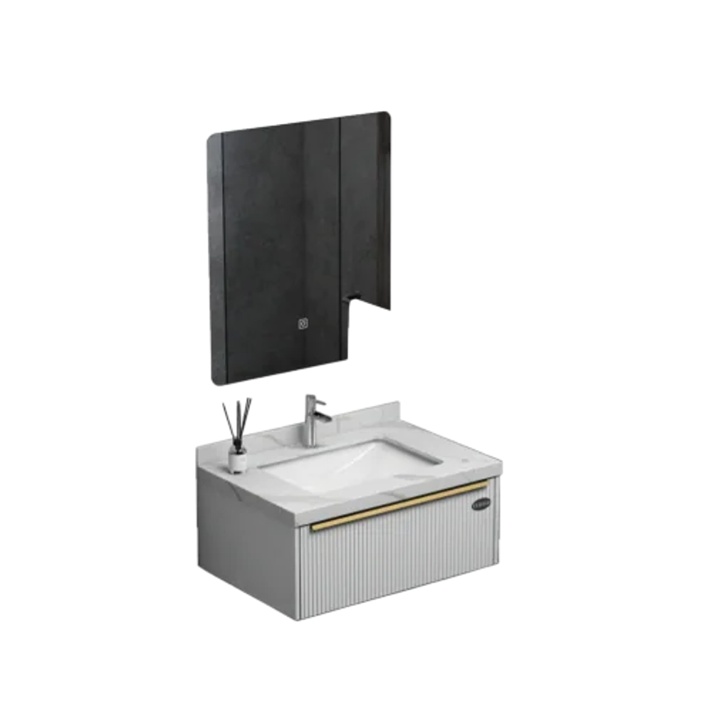 طقم مغسلة حمام فيراجو من خشب بلايوود مع مرآة LED — عرض 80 سم