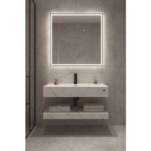 مغسلة سيراميك بطبعة تحاكي الرخام مع مرآة LED — VERAGO، أبيض لامع بعروق رمادية، عرض 60 سم