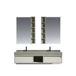 مغسلة حمام مزدوجة من خشب البليوود مع مرايا LED - VERAGO - سطح رخام صناعي بعرض 150 سم