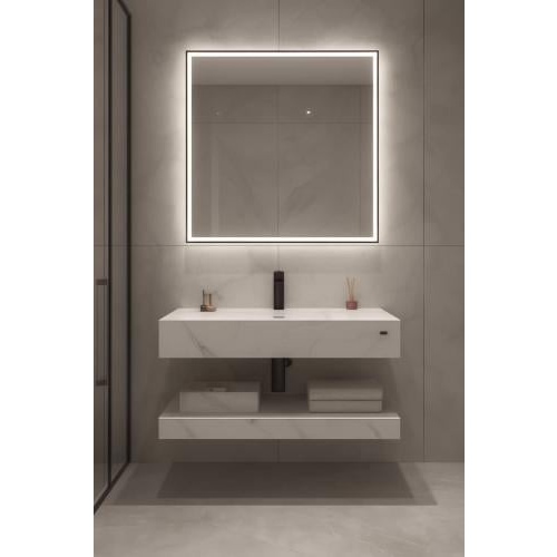 مغسلة سيراميك بطبعة تحاكي الرخام مع مرآة LED — VERAGO، أبيض لامع بعروق رمادية، عرض 60 سم