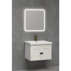 طقم مغسلة حائطي مع مرآة LED من VERAGO — أبيض، عرض 60 سم