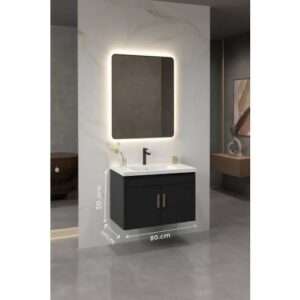 مغسلة ديكور من الفايبر مع مرآة LED - VERAGO - أسود - عرض 80 سم - 60