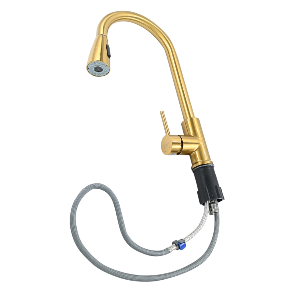 خلاط مطبخ Lugo باللون الذهبي مع رأس قابل للسحب ومقبض جانبي