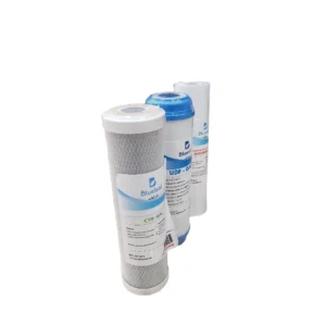 طقم فلاتر مياه ثلاثي المراحل: فلتر بولي بروبيلين (PP) + كربون حبيبي (UDF) + كربون كتلي (CTO) — Blueleaf