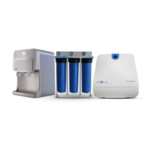 نظام متكامل لتنقية وتحلية المياه مع فلاتر Puricom وبرادة مياه Z Plus باللون الذهبي