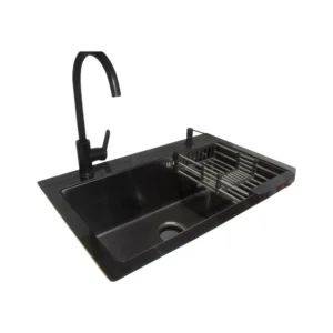 حوض مطبخ SINDBAD ستانلس ستيل أسود 75×48 سم بغطاء زجاجي سكريت 6 ملم — تصميم عصري للاستخدام اليومي مع خلاط وباسكت ووحدة فيري