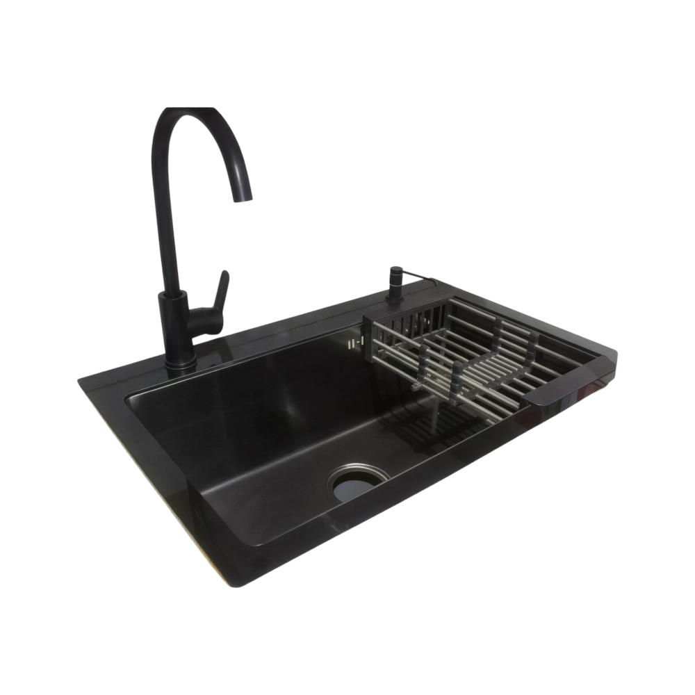 حوض مطبخ SINDBAD ستانلس ستيل أسود 75×48 سم بغطاء زجاجي سكريت 6 ملم — تصميم عصري للاستخدام اليومي مع خلاط وباسكت ووحدة فيري