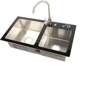 مغسلة مطبخ SINDBAD حوضين 84×46 سم من الفولاذ المقاوم للصدأ مع سطح زجاجي مقسى أسود