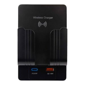 شاحن لاسلكي أسود بمنفذي USB وType‑C