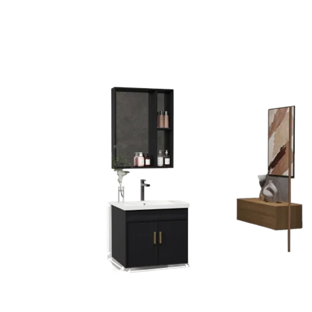 مغسلة فايبر من VERAGO مع خزانة ومرآة — عرض 60 سم، ارتفاع 80 سم — أسود