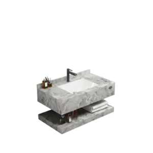 حوض بورسلان VERAGO بتشطيب يشبه الرخام مع مرآة LED حسّاسة باللمس — عرض 60 سم — رمادي