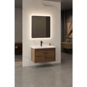 VERAGO — مغسلة ديكور فايبر مع مرآة LED، بني خشبي، عرض 60 سم (موديل 80)