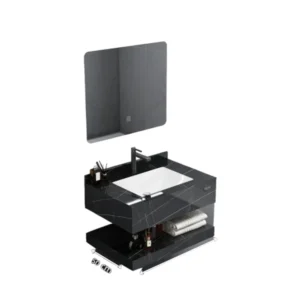 VERAGO — مغسلة حمام معلقة من الرخام الصناعي مع مرآة LED، أسود لامع 80 سم