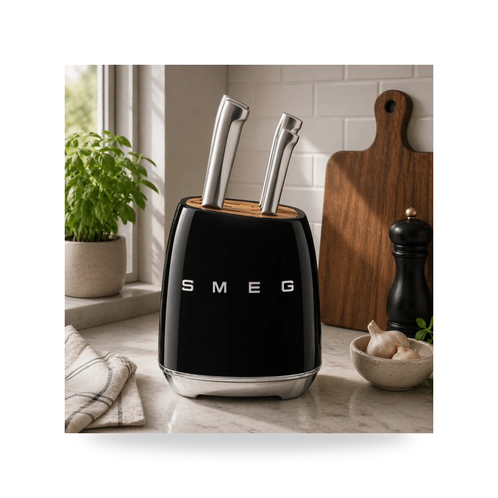 طقم سكاكين مطبخ سميج بقاعدة خشبية SMEG 50s Style