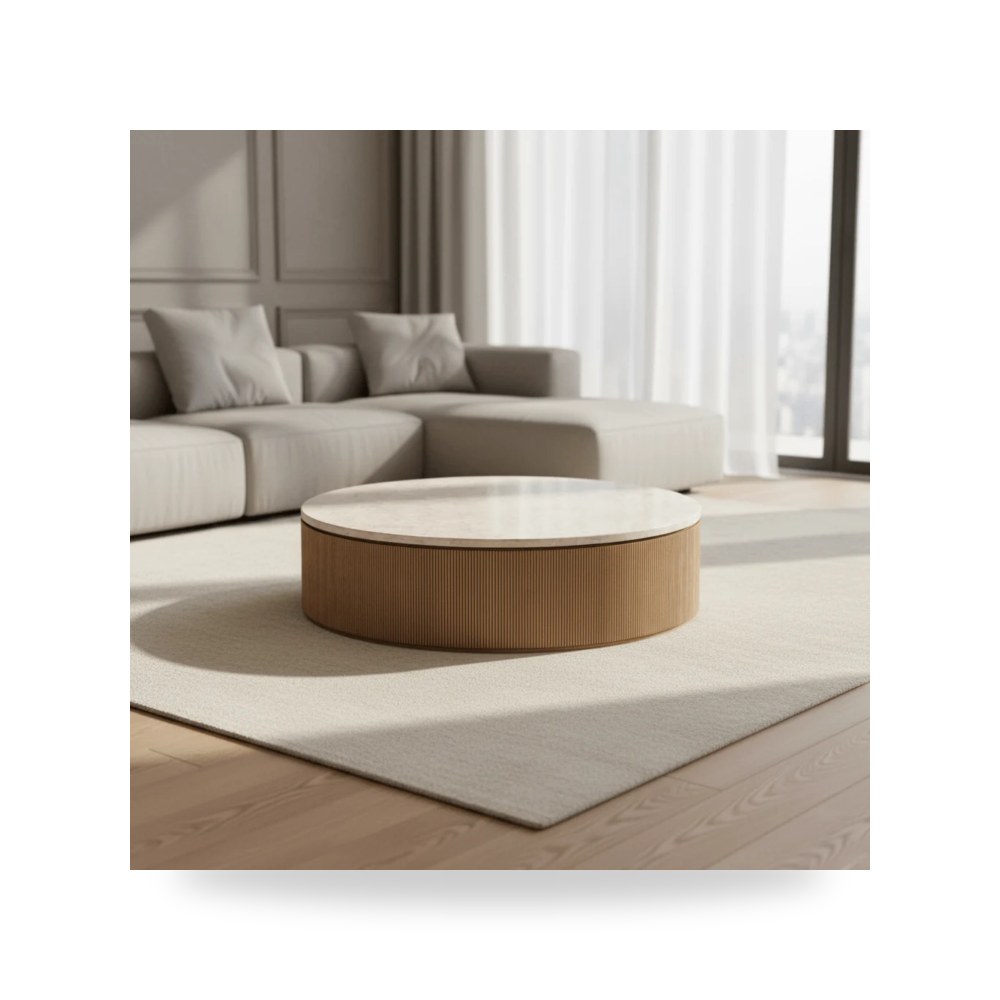 طاولة قهوة لغرفة المعيشة Travertine Top Natural Oak Round روتس
