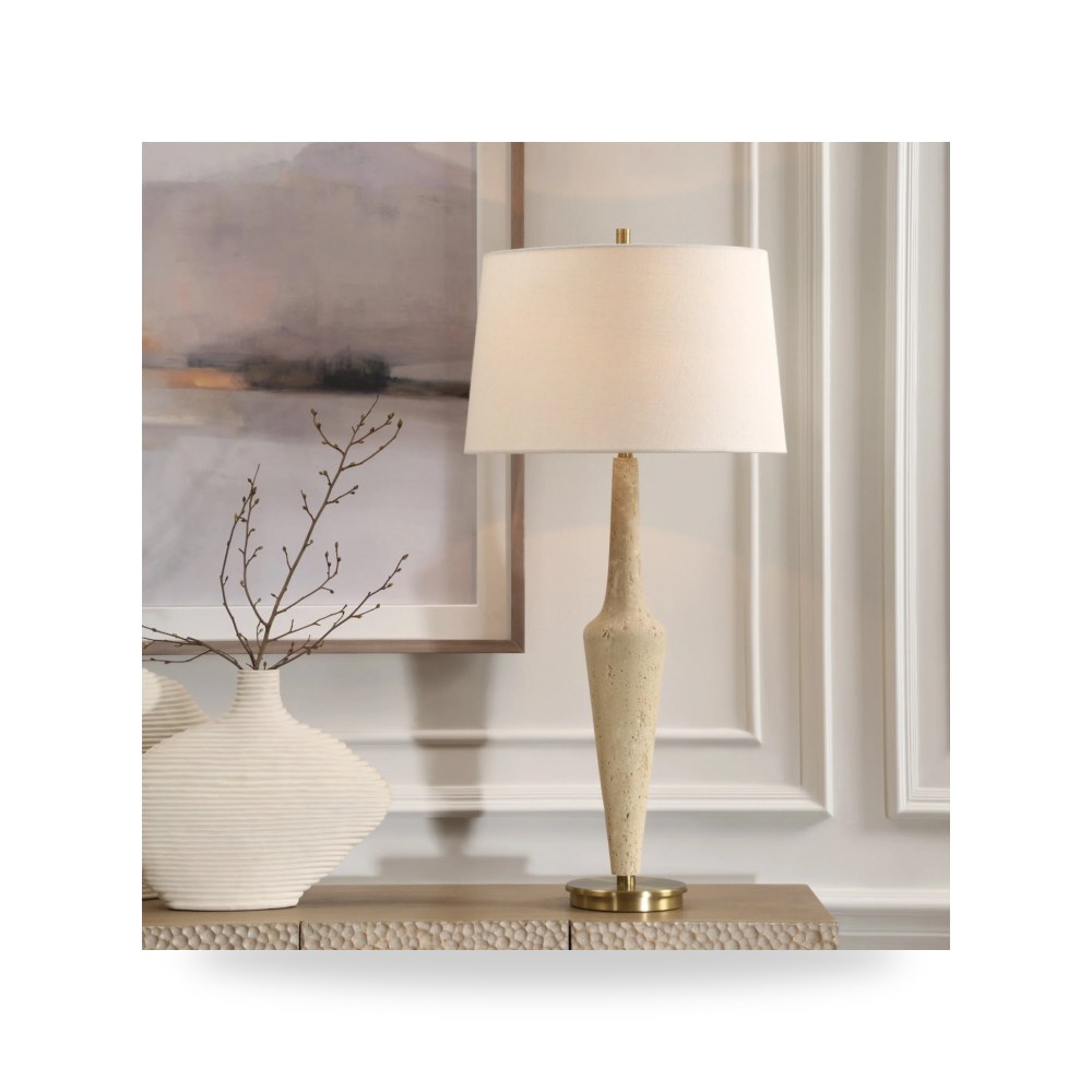 مصباح طاولة ديكوري - Faux Travertine Antique Brass Table Lamp - من Uttermost - طراز