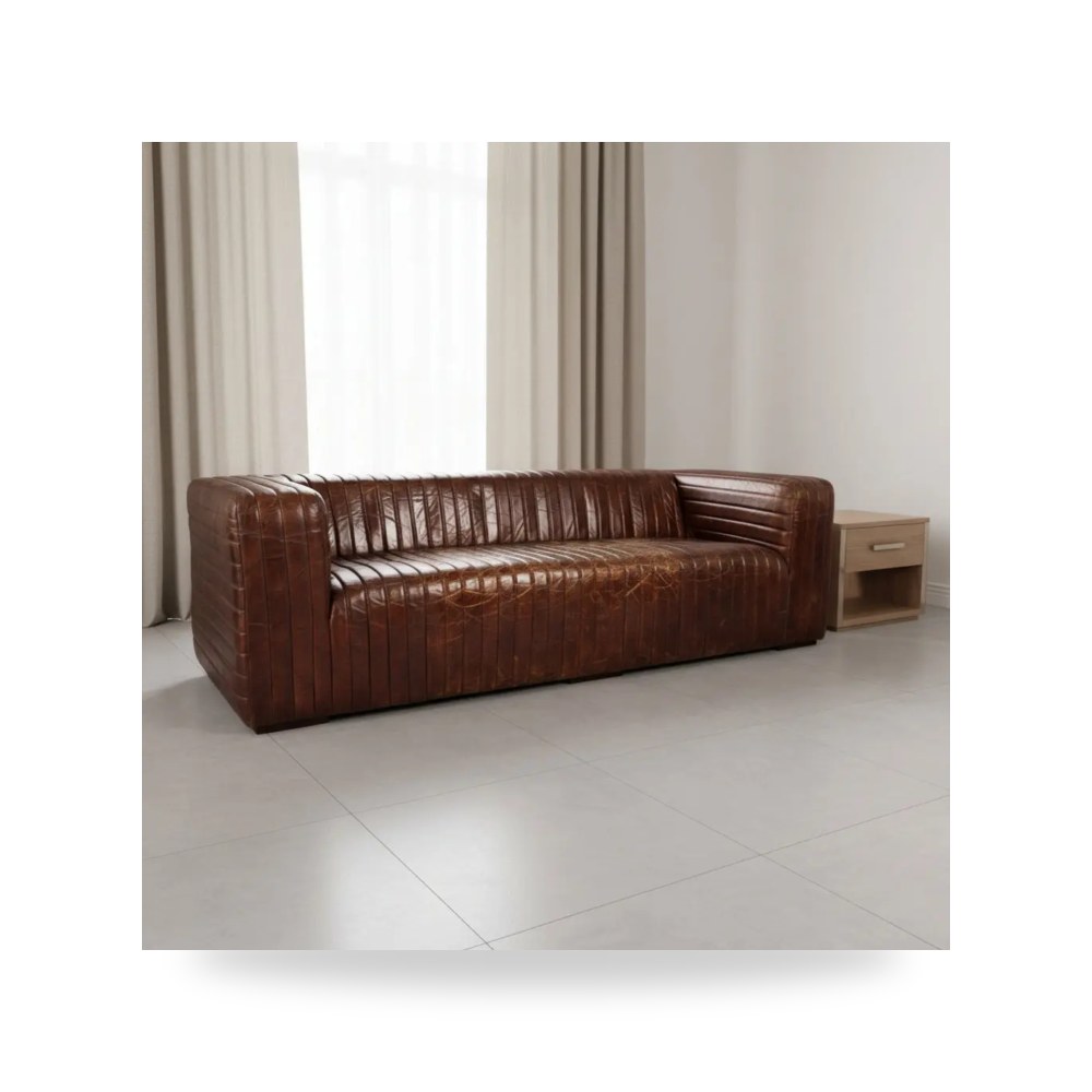 كنبة كاسل جلد طبيعي بني داكن Castle Dark Brown Leather Sofa موديل PK-1009-20 Moe's Home