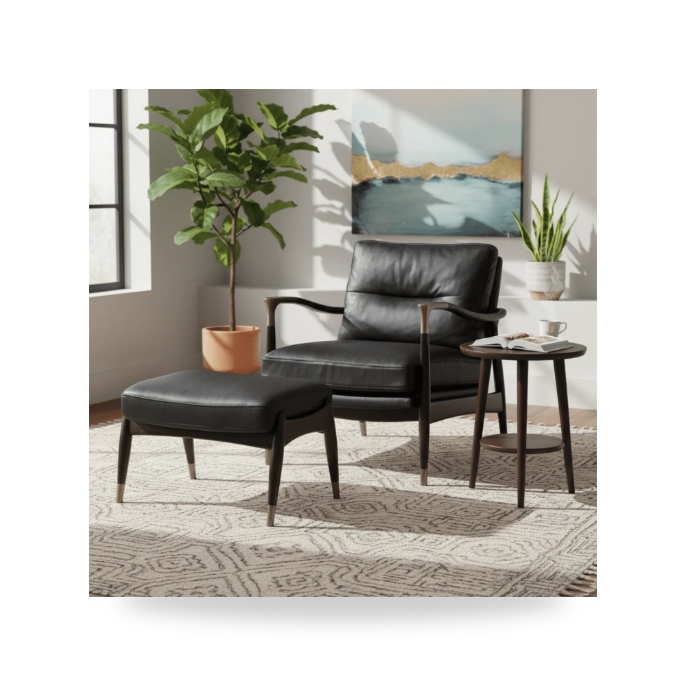 كرسي بذراعين فاخر - Lonut Black Accent Chair + Ottomanكرسي مفرد