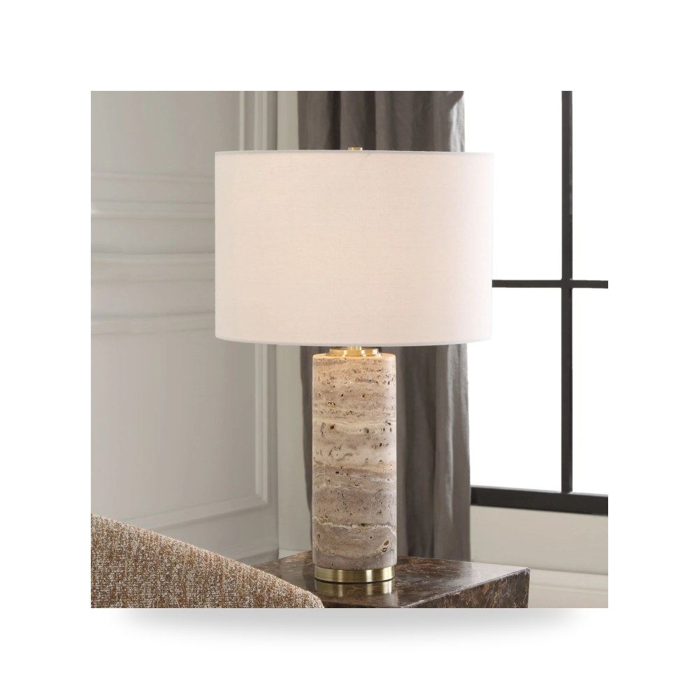 مصباح طاولة ديكوري - Honed Travertine Antique Brass Table Lamp - من Uttermost