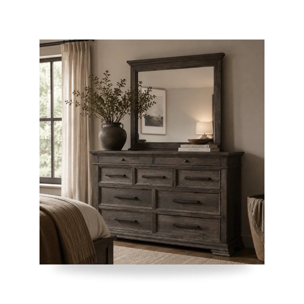 وحدة أدراج وكومودينة غرف نوم - Park Ridge Dresser and Mirror Set in Charcoal - من Roots