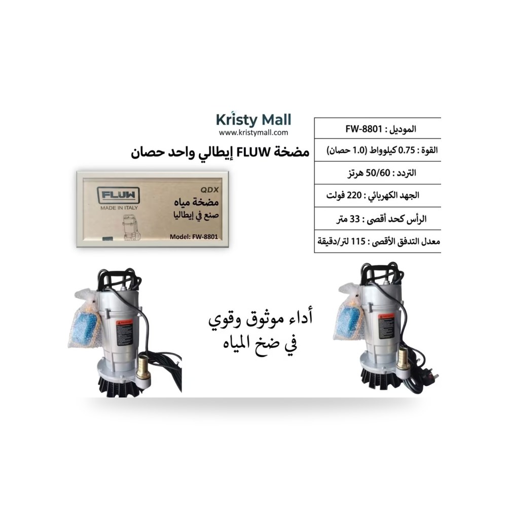 غطاس إيطالي Fluw 1 حصان أداء قوي وضخ مياه